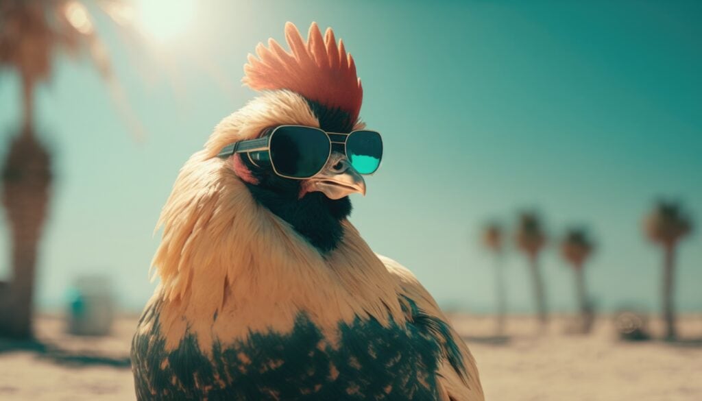 a chicken with sunglasses on the beach generative ai